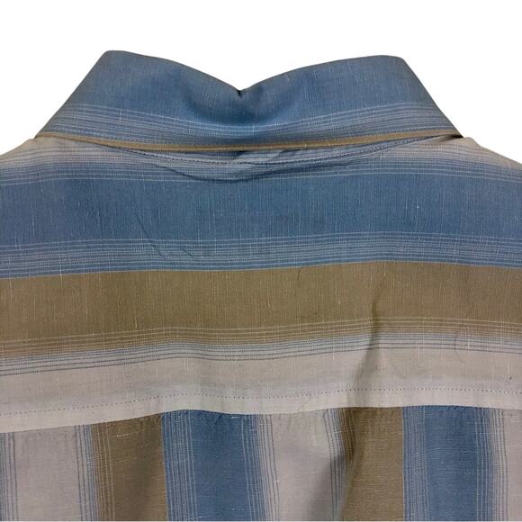 INC International Concepts Blue Tan Stripe Short Sleeve Button Front Shirt - Picture 2 of 16